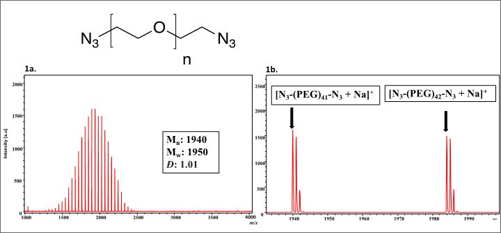 The image consists of two panels labeled 1a and 1b. Panel 1a displays a mass spectrum graph with red peaks indicating intensity versus mass-to-charge ratio (m/z), with a notable peak around 1940 m/z. Below the graph, there are values for the number-average molecular weight (M_n) of 1940, weight-average molecular weight (M_w) of 1950, and dispersity (D) of 1.01. Panel 1b shows two mass spectrum peaks identified as [N3-(PEG)41-N3 + Na]+ and [N3-(PEG)42-N3 + Na]+, with arrows pointing to the peaks around 1940 and 1950 m/z, respectively.