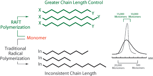 传统自由基聚合制备的聚合物与使用RAFT法制备的聚合物的常规比较。