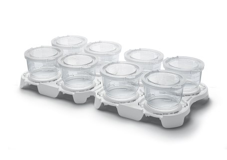 Stackable Milliflex Oasis<sup>®</sup> filtration funnels on a tray