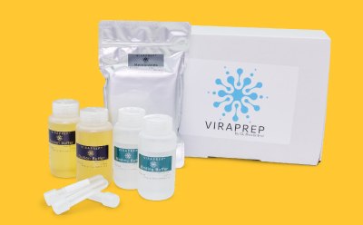 VIRAPREP® kit including binding and elution buffers, membranes, and sterile tubes for concentrating coliphages.