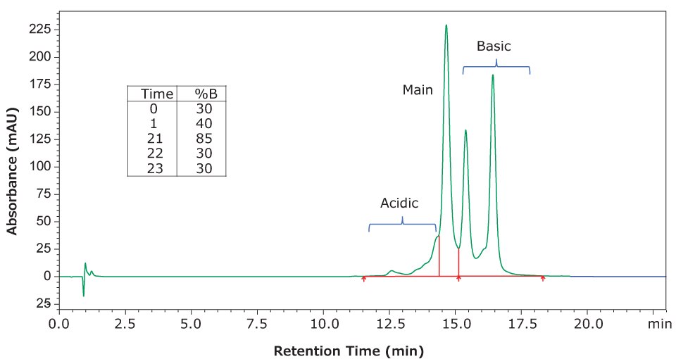 HPLC-UV chromatogram plotted between absorbance (mAU) and retention time, measured in minutes, showing the separation of infliximab charge variants using gradient conditions shown in the inset and with a flow rate of 80 μL/min.