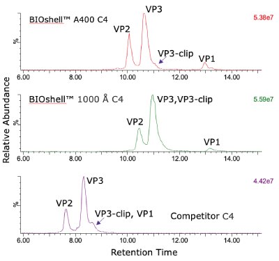 A comparison of total ion current (TIC) profiles of intact AAV5 capsid protein to assess its retention and separation on three different columns. Both the BIOshell™ A400 C4 and BIOshell™ IgG 1000 Å C4 columns provided good retention of the proteins using the gradient described in the draft guideline. Separation of VP1 from VP2 and VP3 was also achieved