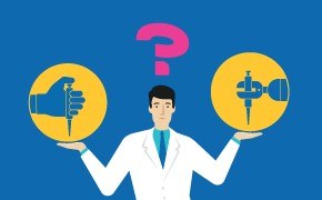 A person considering different sampling options (manual and automated) for a (bio-)pharmaceutical process, depicted by holding icons representing each option in their hands. 