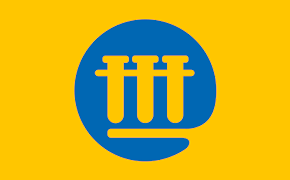 A blue circle with three test tubes icon in its center on a yellow background.