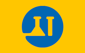 A blue circle with a yellow flask and test tube icon at its center on a yellow backgroud.