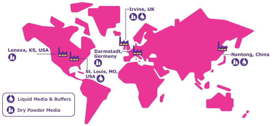 A a pink world map with cell culture media production sites for dry powder and liquid media as well as buffers in Lenexa and St. Louis, USA, Darmstadt, Germany, Irvine, UK as well as Nantong, China.