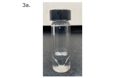 A small glass vial filled with a clear liquid, labeled as "3a." The vial has a black screw cap, and it is placed on a dark surface with a light background. The liquid inside appears transparent and has no visible coloration or impurities.