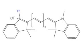 Black-on-white structure of Cyanine n shows aromatic rings linked by a variable carbon chain, with charged N, Cl⁻, and a blue R group for substitution.
