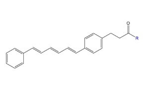 Structure shows a linear hexatriene chain with phenyl rings at each end, a carbonyl group, and a blue R group for variable substitution.