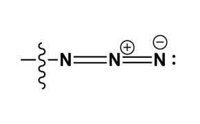 Black line drawing of azide-functionalized molecule showing linear chain and azide group with N₃ atoms bearing + and − charges.