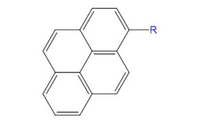 Structure shows a four-ring fused aromatic system with a blue R group attached, indicating a variable substituent on the pyrene core.