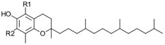 Chemical structure of tocopherol, showing a benzene ring with one hydroxyl group (OH) and three methyl groups (R1, R2, R3) attached, along with a long phytyl tail.