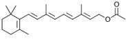 Chemical structure of retinyl acetate, also known as vitamin A acetate, depicted as a line-angle diagram. The structure consists of a six-membered ring with one double bond, connected to a long chain with four more double bonds and an ester group at the end.