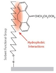 Diagram illustrating the Reversed-Phase Solid Phase Extraction (SPE) Methodology. It depicts hydrophobic interactions between an aromatic compound with two benzene rings and a methoxy group (-OCH3) and the solvent functional group, symbolized by a zig-zagging chain. The red gradient background emphasizes the hydrophobic nature of these interactions, which are less selective compared to normal phase or ion-exchange SPE methods.