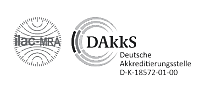Two logos: on the left, the ilac-MRA circular logo with concentric circles and central text; on the right, the DAkkS logo with an oval shape and the text ‘DAkkS’ inside, accompanied by the text ‘Deutsche Akkreditierungsstelle D-K-15173/01-00’ below.