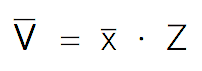 Mean-volume equatiion. Mathematical equation displaying the relationship V equals X multiplied by Z, where V, X, and Z are variables, with a multiplication dot between X and Z