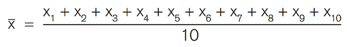 Mathematical equation displaying the calculation of the mean value of a data set, with the mean symbolized by x-bar, equal to the sum of ten data points (x1 to x10) divided by 10.