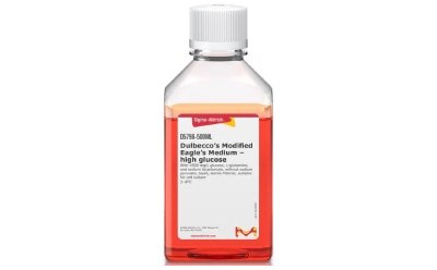 Full bottle of cell culture medium. Bottle has a label on the front that has the name of the medium, Dulbecco's Modified Eagle's Medium.