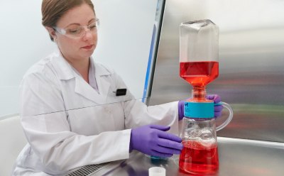 Female scientist wearing a lab coat, gloves, and safety goggles sits at a tissue culture hood filtering cell culture media into another bottle.
