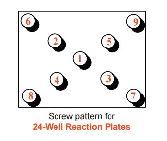 A screw pattern for 24-Well Reaction Plates. There are nine numbered circles arranged in a three-by-three grid pattern, indicating the order of screwing in a plate. The numbers are not in sequential order; they start from the top left with number 6, then move to the middle left with number 2, followed by bottom left number 8, top middle number 1, center with number 5, bottom middle with number 3, top right with number 9, middle right with number 4 and bottom right with number 7.