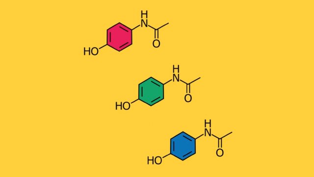 first slide of video presentation yellow background with red, green, and blue diagrams of chemical compounds