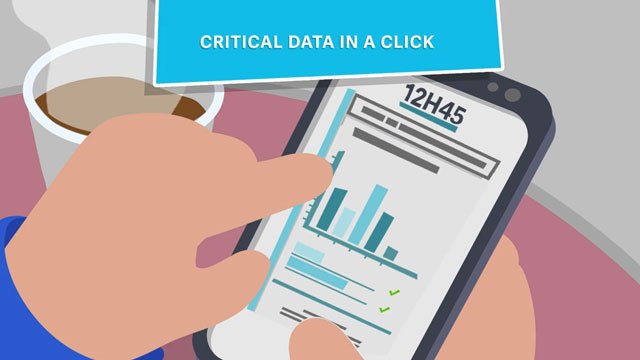 Illustration of hands holding mobile phone and interacting with an app, includes words "critical data in a click"