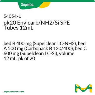 pk20 Envicarb/NH2/Si SPE Tubes 12mL bed B 400&#160;mg (Supelclean LC-NH2), bed A 500&#160;mg (Carbopack B 120/400), bed C 600&#160;mg (Supelclean LC-Si), volume 12&#160;mL, pk of 20