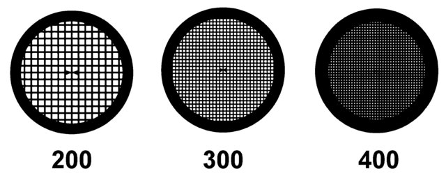 Grids for transmission electron microscopy grid size 200&#160;mesh × 125&#160;&#956;m pitch, copper, open area size 55%, hole W 95&#160;&#956;m