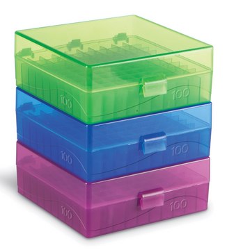 Microtube Storage Box Holds 100 x 1.5-2.0 mL tubes, assorted colors polypropylene ((blue, green, purple, yellow, orange), pk of 5