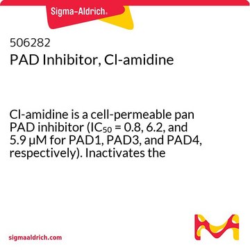 PAD抑制剂，Cl-amidine Cl-amidine is a cell-permeable pan PAD inhibitor (IC&#8325;&#8320; = 0.8, 6.2, and 5.9 &#181;M for PAD1, PAD3, and PAD4, respectively). Inactivates the calcium bound form of PAD4 in an irreversible manner.