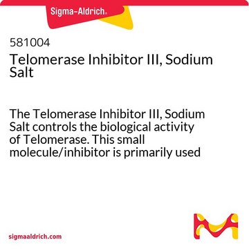 Telomerase Inhibitor III, Sodium Salt The Telomerase Inhibitor III, Sodium Salt controls the biological activity of Telomerase. This small molecule/inhibitor is primarily used for Cell Structure applications.