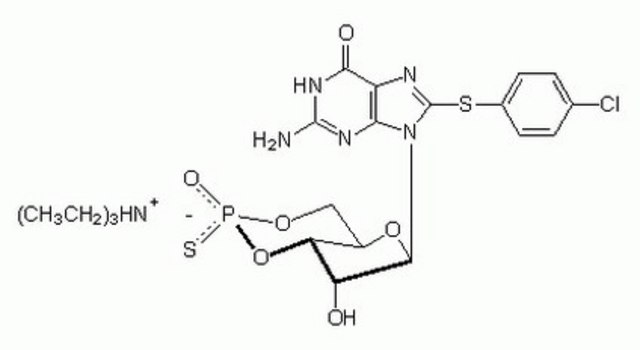 Guanosine 3&#8242;,5&#8242;-cyclic Monophosphorothioate, 8-(4-Chlorophenylthio)-, Rp-Isomer, Triethylammonium Salt A potent, cell-permeable, and metabolically-stable inhibitor of protein kinase G I&#945;, I&#946;, and type II.