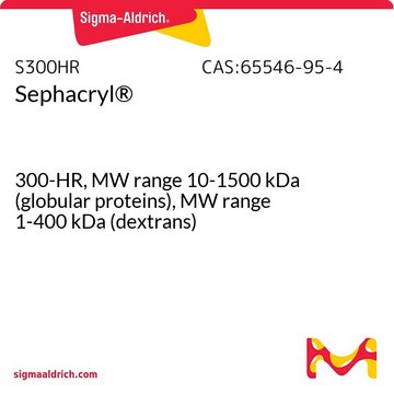 Sephacryl&#174; 300-HR, MW range 10-1500&#160;kDa (globular proteins), MW range 1-400&#160;kDa (dextrans)