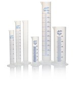 Azlon Squat Form Cylinder with Molded Graduation with blue over print polypropylene cylinder, class B, capacity × H 100 mL × 163 mm, pkg of 5 ea
