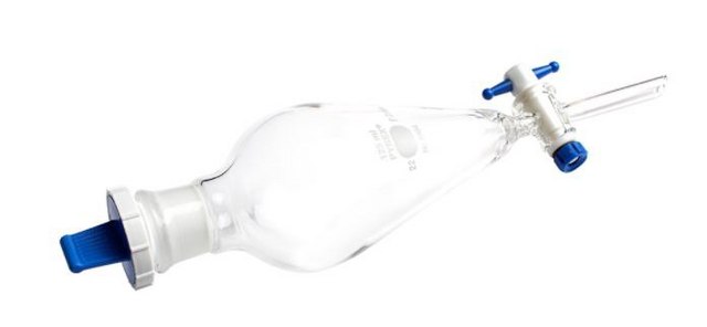 Pyrex&#174; Squibb separatory funnel, PE stopper, PTFE stopcock capacity 125&#160;mL