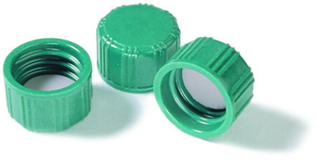 Screw cap, solid top with PTFE liner, pkg 100 solid green melamine resin cap, F217/PTFE liner, for use with 2 mL vial (standard opening with 8-425 thread)