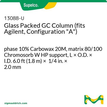 Glass Packed GC Column (fits Agilent, Configuration "A") phase 10% Carbowax 20M, matrix 80/100 Chromosorb W HP support, L × O.D. × I.D. 6.0&#160;ft (1.8&#160;m) × 1/4&#160;in. × 2.0&#160;mm