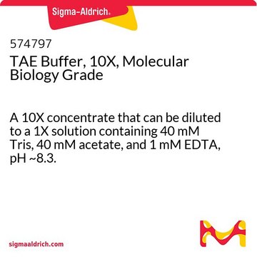 TAE 缓冲液，10X，分子生物学级 A 10X concentrate that can be diluted to a 1X solution containing 40 mM Tris, 40 mM acetate, and 1 mM EDTA, pH ~8.3.