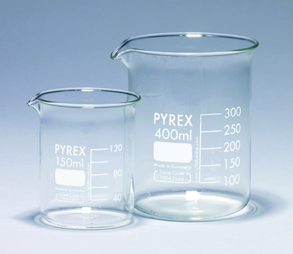 Pyrex&#174; Griffin beakers, low form, with printed trace code 250&#160;mL