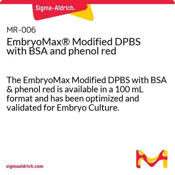 含BSA和酚红的EmbryoMax&#174;修饰DPBS The EmbryoMax Modified DPBS with BSA &amp; phenol red is available in a 100 mL format and has been optimized and validated for Embryo Culture.