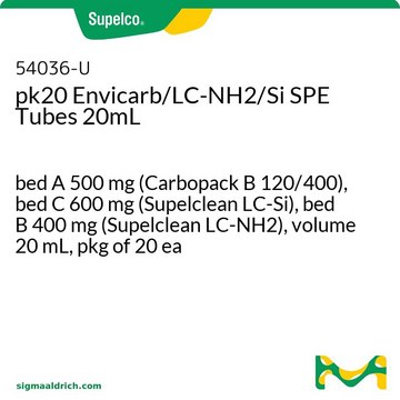 pk20 Envicarb/LC-NH2/Si SPE Tubes 20mL bed A 500&#160;mg (Carbopack B 120/400), bed C 600&#160;mg (Supelclean LC-Si), bed B 400&#160;mg (Supelclean LC-NH2), volume 20&#160;mL, pkg of 20&#160;ea