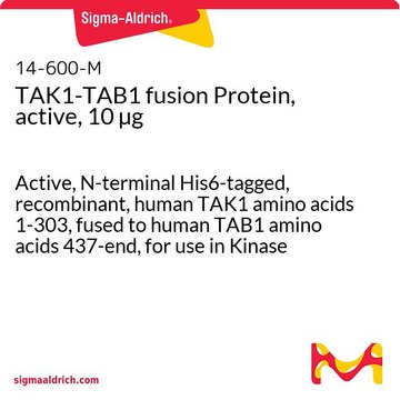 TAK1-TAB1 fusion Protein, active, 10 &#181;g Active, N-terminal His6-tagged, recombinant, human TAK1 amino acids 1-303, fused to human TAB1 amino acids 437-end, for use in Kinase Assays.