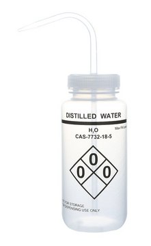 Wide mouth safety labelled wash bottle capacity 500&#160;mL, label, Distilled water, self venting, PE-LD