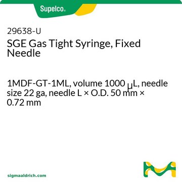 SGE Gas Tight Syringe, Fixed Needle 1MDF-GT-1ML, volume 1000&#160;&#956;L, needle size 22 ga, needle L × O.D. 50&#160;mm × 0.72&#160;mm