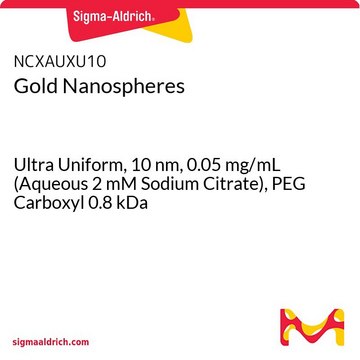 Gold Nanospheres Ultra Uniform, 10&#160;nm, 0.05&#160;mg/mL (Aqueous 2 mM Sodium Citrate), PEG Carboxyl 0.8 kDa