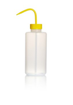 Azlon&nbsp;Square Shoulder Safety Wash Bottles With Driplok Vapor Venting wide-neck, low-density polyethylene bottle, yellow polypropylene closure, capacity 1000&#160;mL