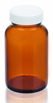 Wheaton wide-mouth bottle capacity 4&#160;oz (125&#160;mL), amber, white polypropylene cap, vinyl flat liner