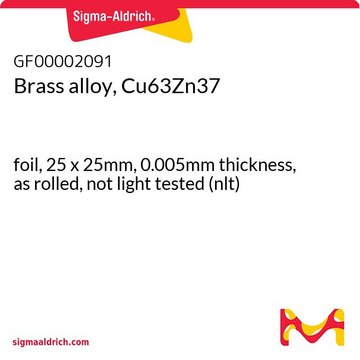 Brass alloy, Cu63Zn37 foil, 25 x 25mm, 0.005mm thickness, as rolled, not light tested (nlt)