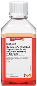 Dulbecco’s Modified Eagle’s Medium/Nutrient Mixture F-12 Ham With 15 mM HEPES and sodium bicarbonate, without L-glutamine, liquid, sterile-filtered, suitable for cell culture