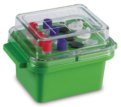 TrueNorth&#174; Mini Cooler for tubes, 0.5 &#8209; 2&#160;mL, with clear lid, temp. limit 0 °C, size 12&#160;wells, green polycarbonate